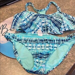 Blue and White and Green Patterned Bikini Set